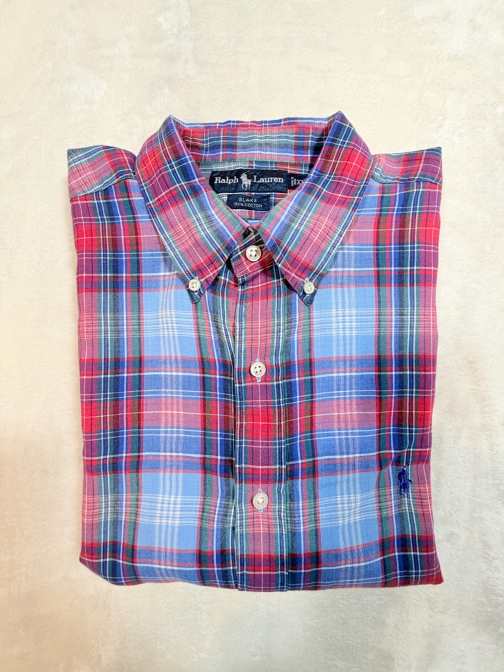 VTG Ralph Lauren Blue Red Green Plaid Cotton Button-Down Shirt Men's XL Blake